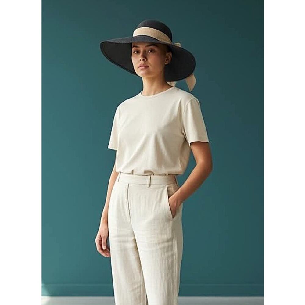 Scala Pronto Black Wide Brim Sun Hat Beige Bow Ribbon Paper Straw One Size EUC